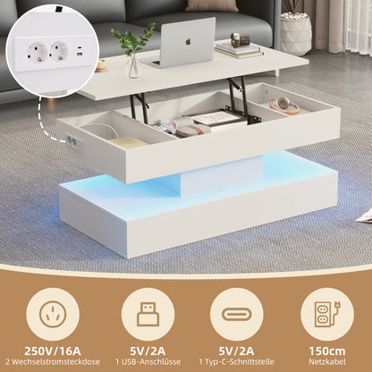Moderner Couchtisch mit LED-Beleuchtung und verborgenem Stauraum – Beistelltisch mit hydraulischem Hub, 100 × 50 × 42 cm, 50 kg Traglast