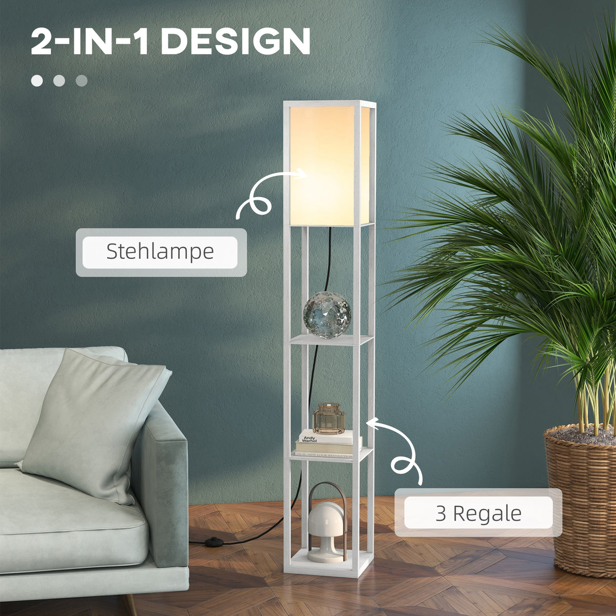 Stehlampe mit Regalfächern | Standleuchte aus Holz | 26 × 26 × 160 cm | Wohn- & Schlafzimmer