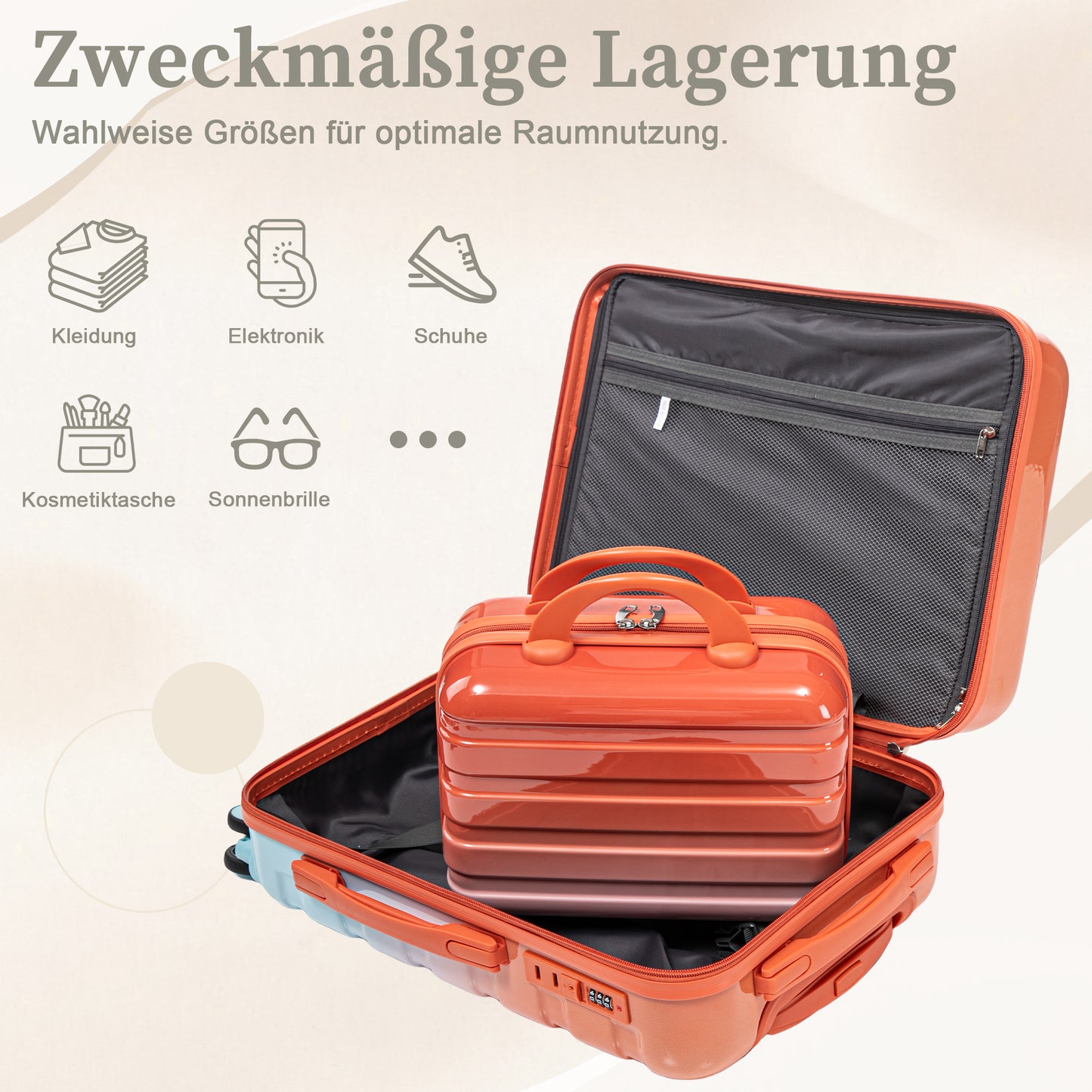 2-teiliges PC-Kofferset 14 Zoll & 20 Zoll mit Zahlenschloss und Kosmetikkoffer – Rot