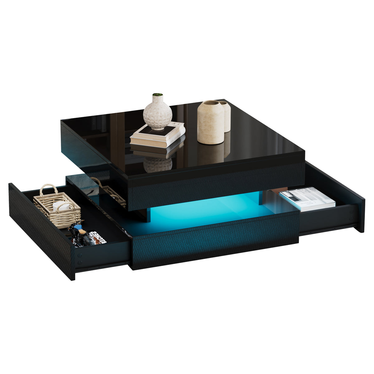 Höhenverstellbarer Couchtisch 65 × 65 × 38,5 cm mit LED, 2 Schubladen und verborgenem Stauraum in Schwarz