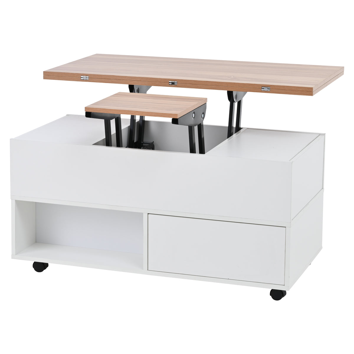 Multifunktionaler Couchtisch 100 × 50 × 52 cm mit 4 Rollen, 4 Schubladen und ausklappbarer Tischplatte in Weiß und Eiche