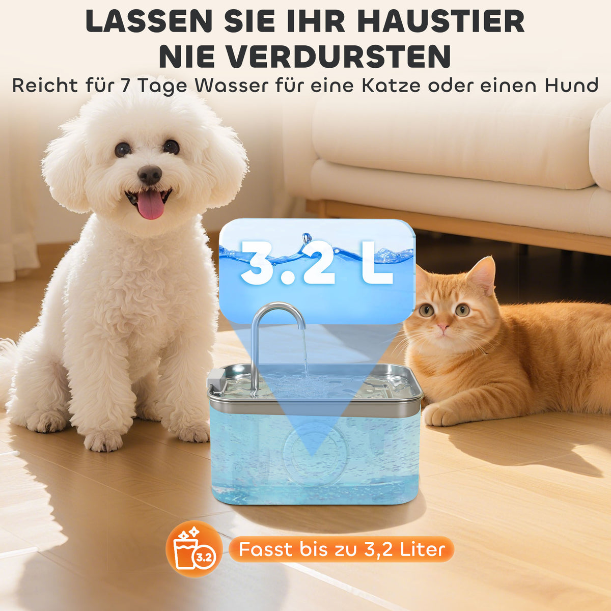 Katzenbrunnen 3,2 l aus Edelstahl mit leiser Pumpe und Aktivkohlefilter