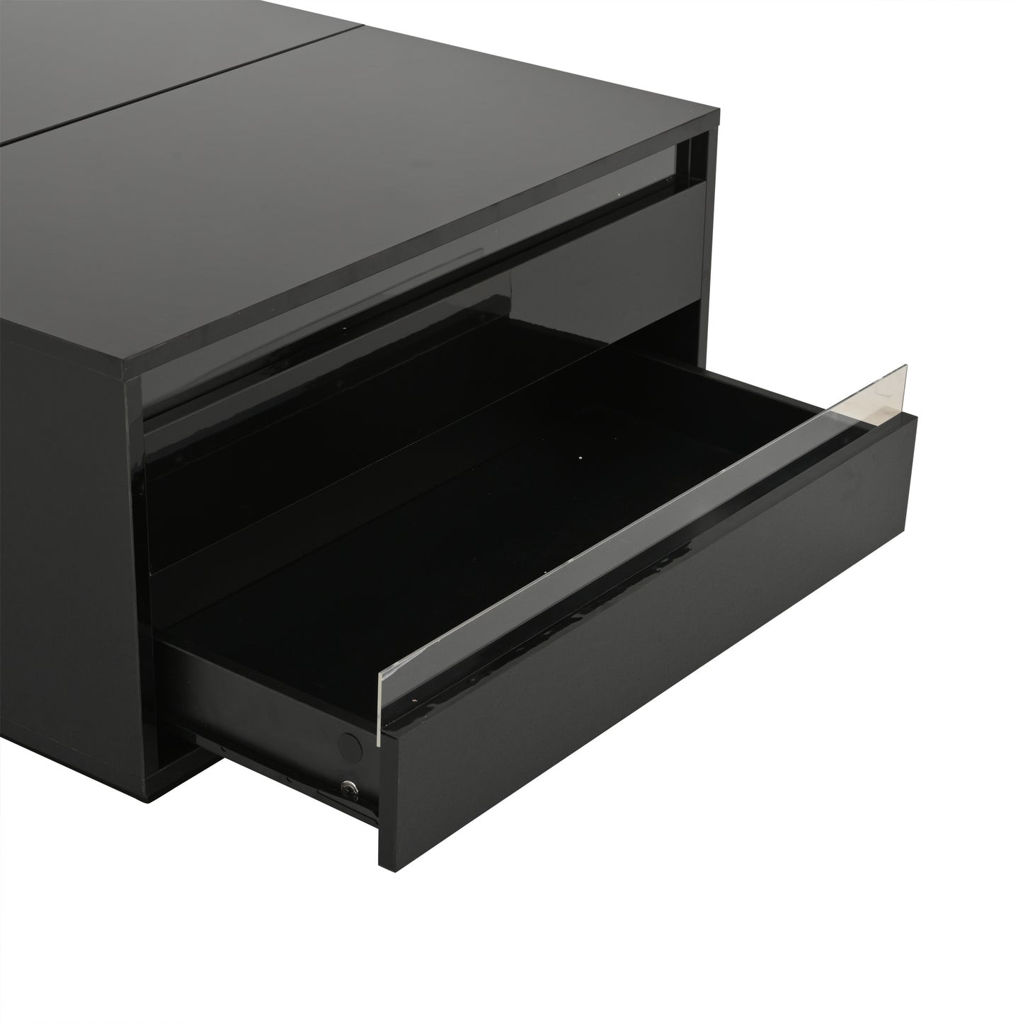 Couchtisch 70 x 70 x 38 cm mit LED-Beleuchtung, Hubfunktion, Schublade und Stauraum, Schwarz