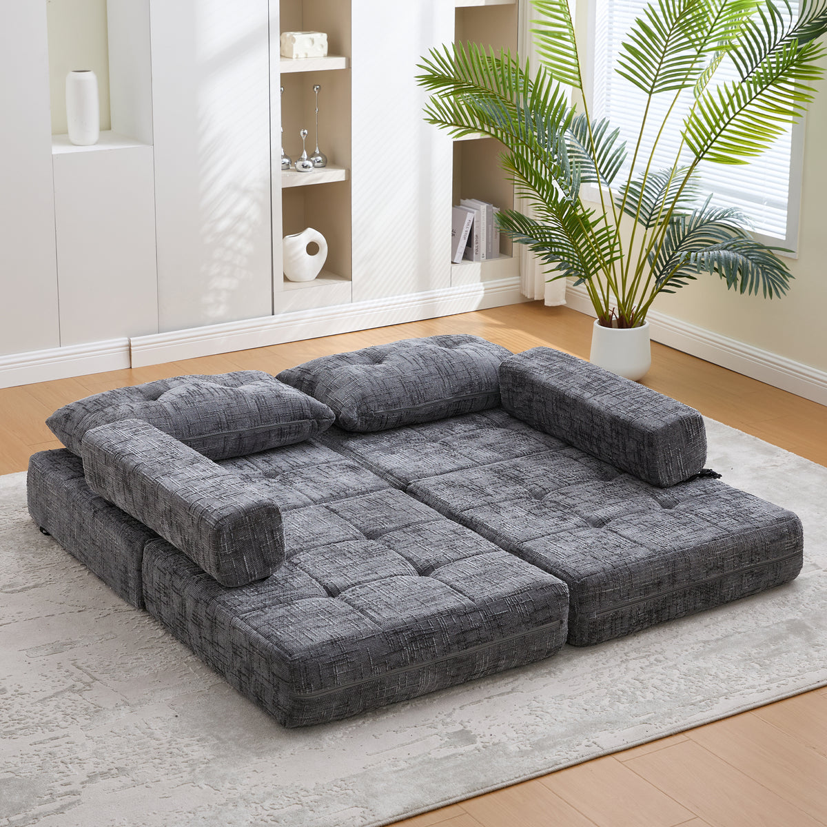 Faltbares Schlafsofa mit Kissen – Bodenmatte mit Rückenlehne, Grau Chenille