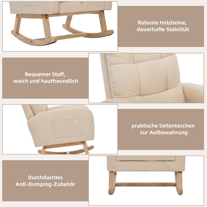 Teddy-Velvet Schaukelstuhl – Beiger Sessel mit Massivholzrahmen, versteckter Fußstütze & hoher Schaumstoffpolsterung, ideal für Wohnzimmer, Schlafzimmer & Kinderzimmer