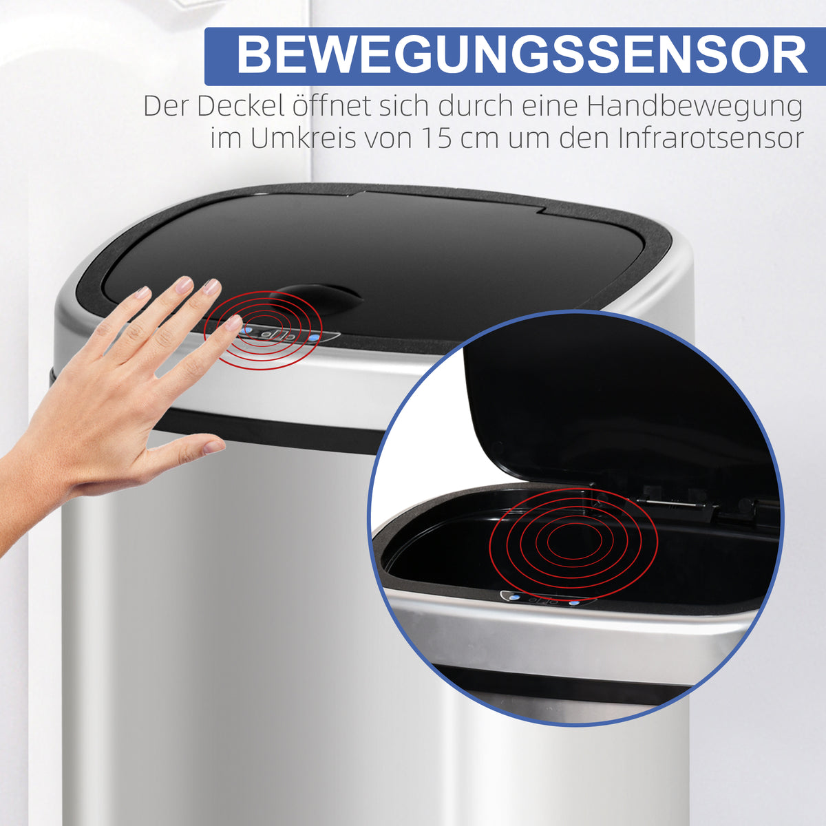 Automatik Mülleimer mit Sensor 48 L – Edelstahl Abfallbehälter mit Bewegungssensor für Küche, Büro & Schlafzimmer | Silber