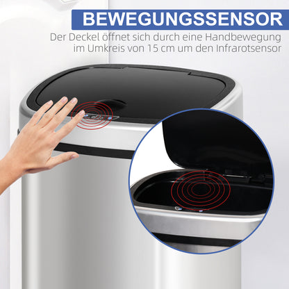 Automatik Mülleimer mit Sensor 48 L – Edelstahl Abfallbehälter mit Bewegungssensor für Küche, Büro & Schlafzimmer | Silber