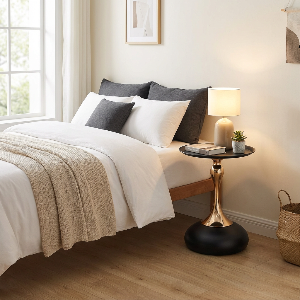 Runder Beistelltisch 38 cm in Schwarz-Gold mit Metallbasis