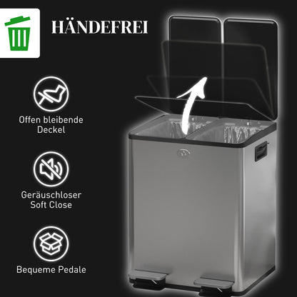2 x 20 L Doppelmülleimer mit Pedalöffnung – Edelstahl/Kunststoff, Silber
