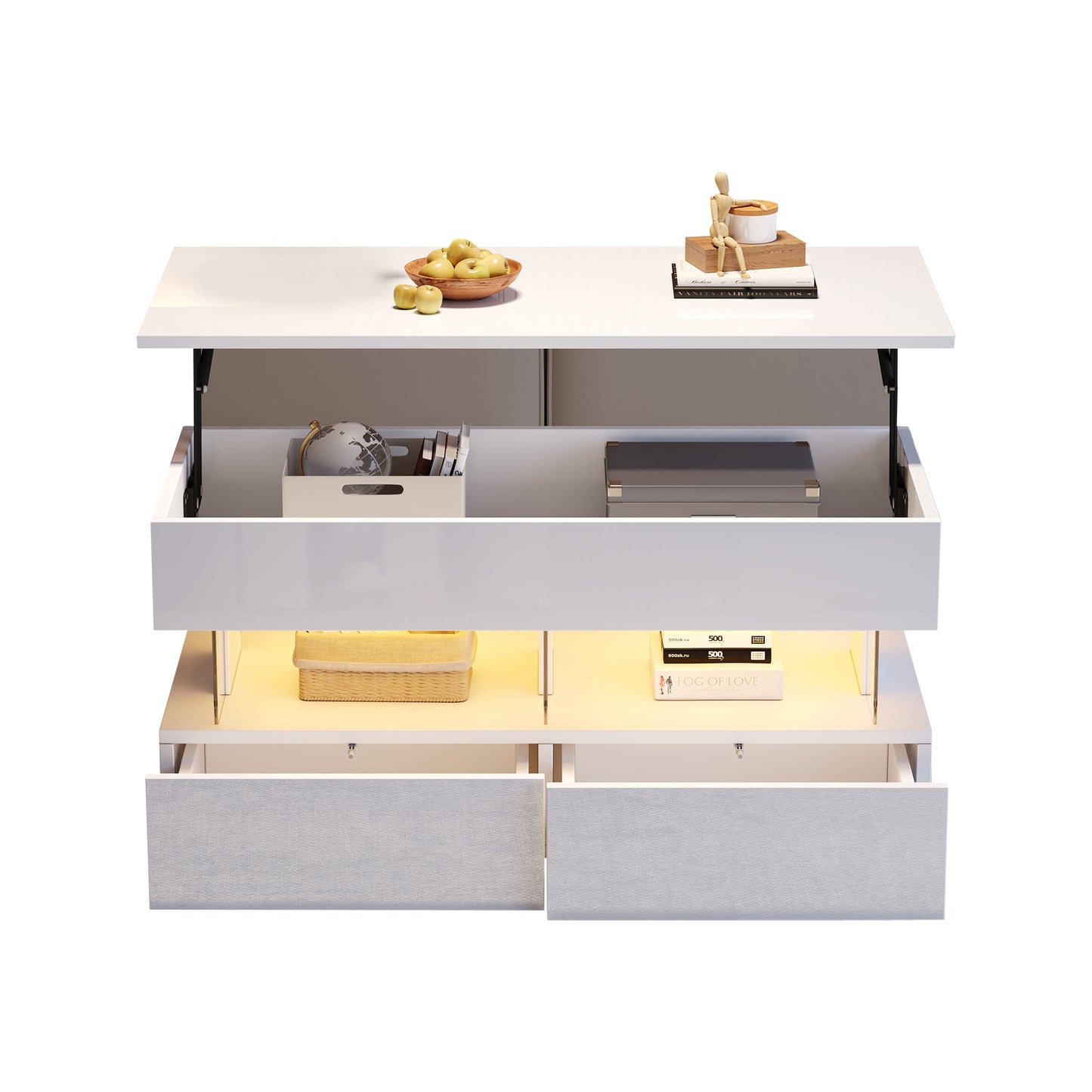 Höhenverstellbarer Couchtisch 100 × 50 × 46 cm mit LED, 2 Schubladen und Stauraum