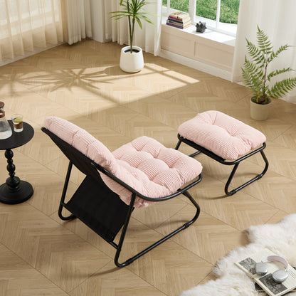 Outdoor-Loungestuhl mit Hocker, bequemer Schlingensessel mit Polsterkissen und Fußhocker, ideal für Wohnzimmer, Schlafzimmer und Lesezimmer, schwarzer Rahmen mit rosa Kissen
