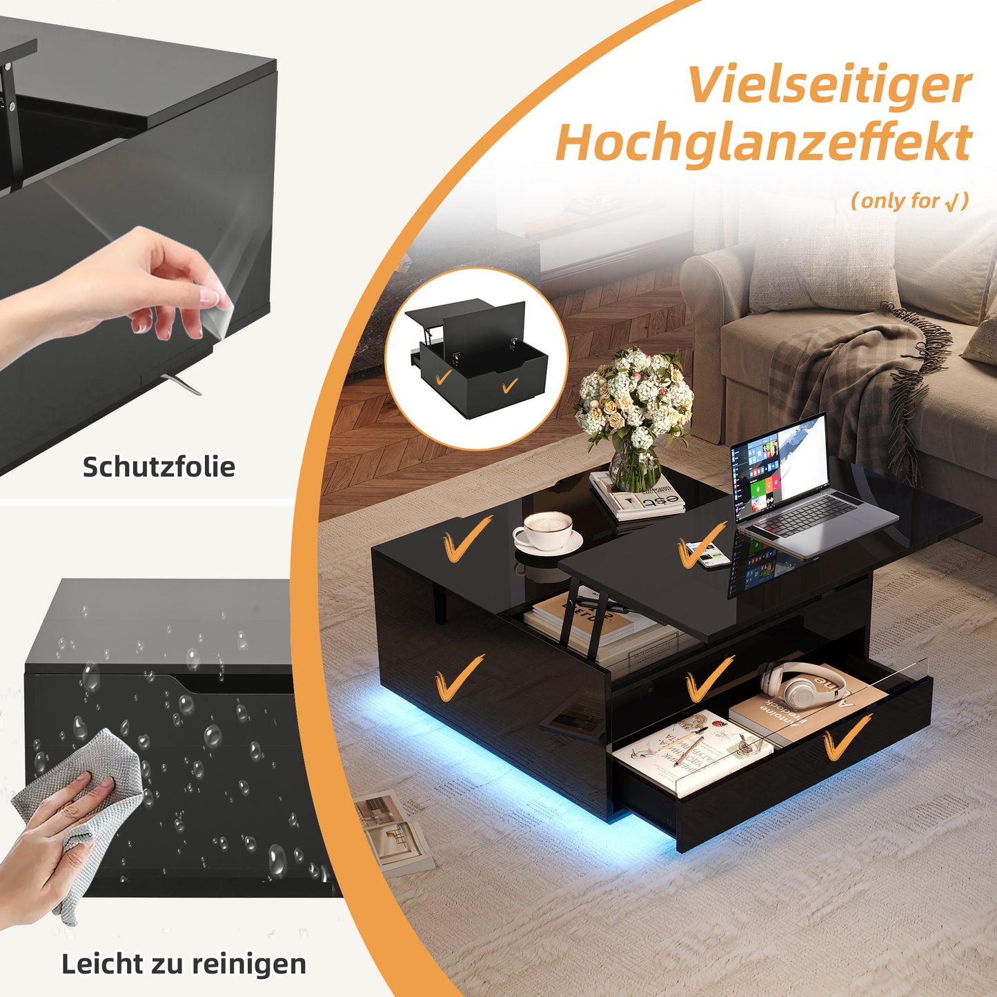 Couchtisch 70 x 70 x 38 cm mit LED-Beleuchtung, Hubfunktion, Schublade und Stauraum, Schwarz