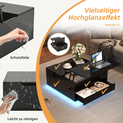 Couchtisch 70 x 70 x 38 cm mit LED-Beleuchtung, Hubfunktion, Schublade und Stauraum, Schwarz