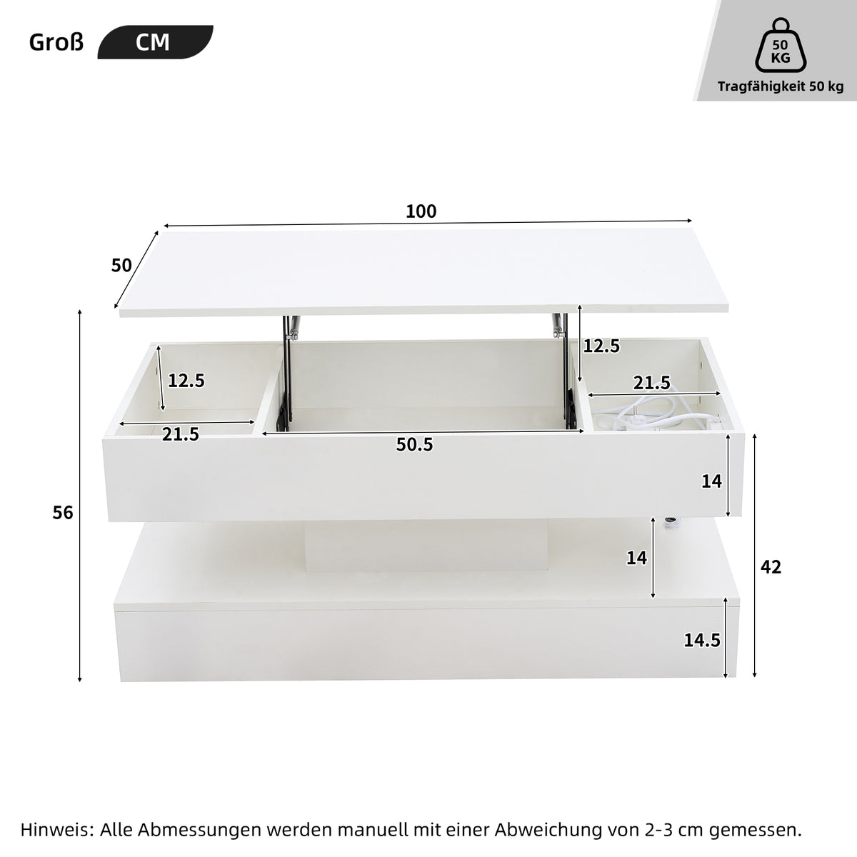 Moderner Couchtisch mit LED-Beleuchtung und verborgenem Stauraum – Beistelltisch mit hydraulischem Hub, 100 × 50 × 42 cm, 50 kg Traglast
