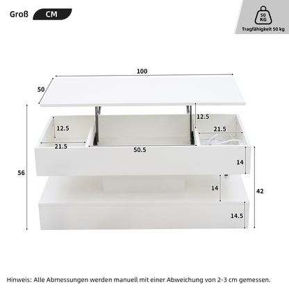 Moderner Couchtisch mit LED-Beleuchtung und verborgenem Stauraum – Beistelltisch mit hydraulischem Hub, 100 × 50 × 42 cm, 50 kg Traglast