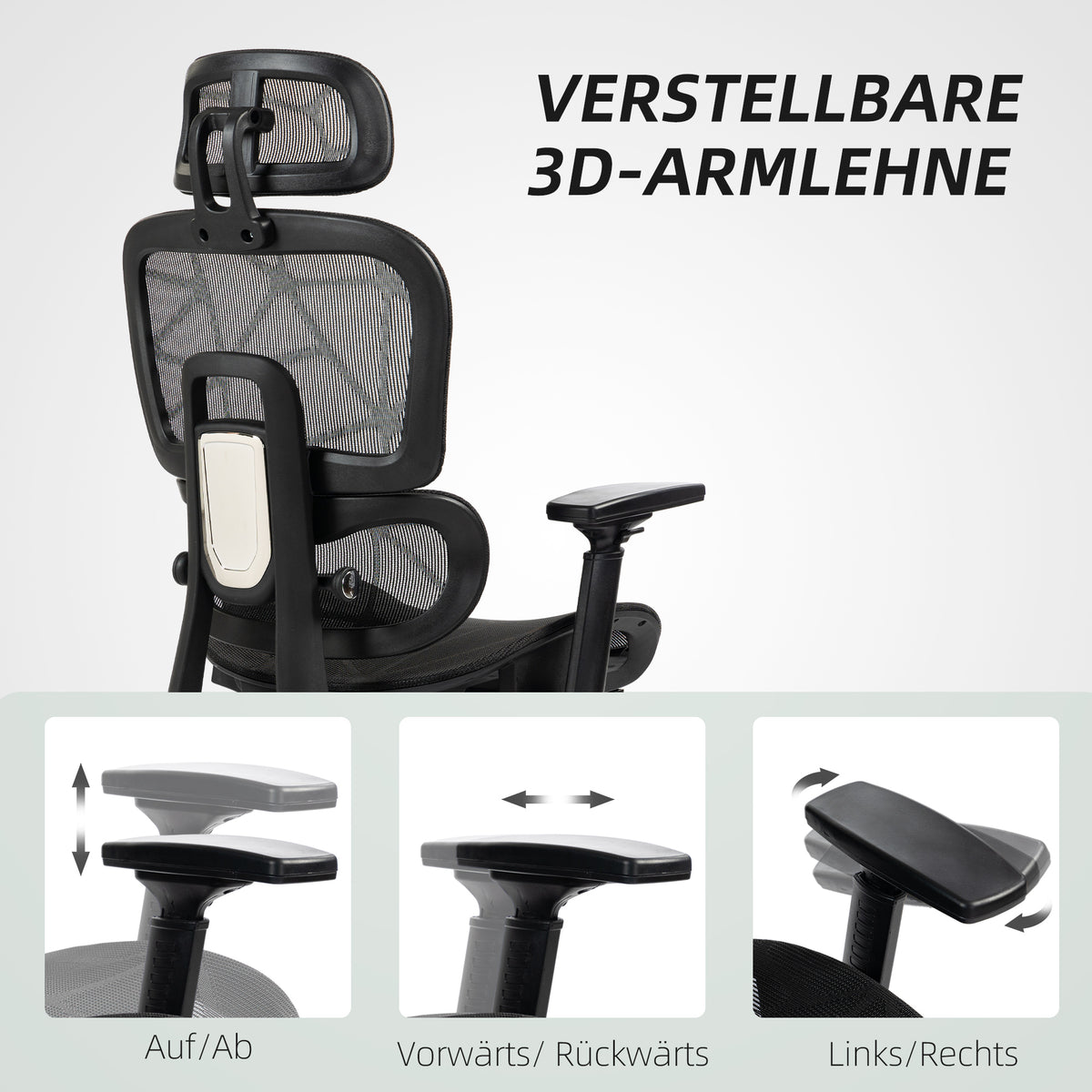 Ergonomischer Bürostuhl mit Netzstoffbezug, Fußstütze & 3D-Armlehnen – Schwarz