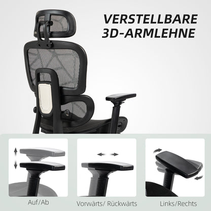 Ergonomischer Bürostuhl mit Netzstoffbezug, Fußstütze & 3D-Armlehnen – Schwarz