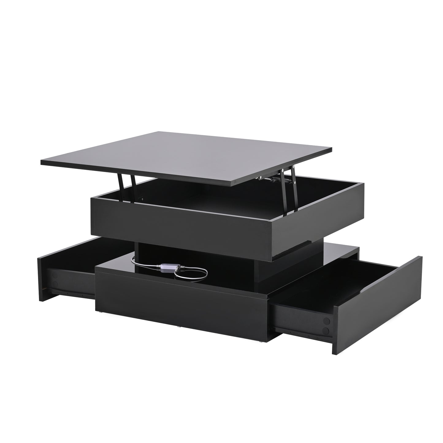Höhenverstellbarer Couchtisch 65 × 65 × 38,5 cm mit LED, 2 Schubladen und verborgenem Stauraum in Schwarz