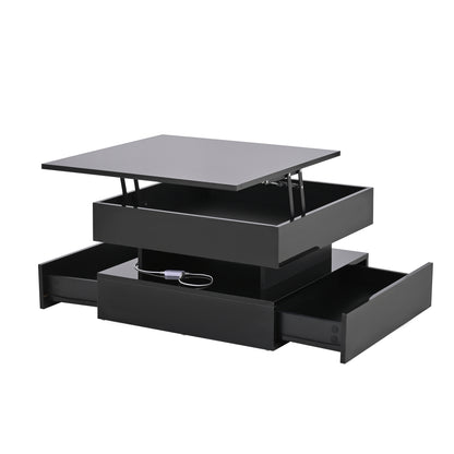 Höhenverstellbarer Couchtisch 65 × 65 × 38,5 cm mit LED, 2 Schubladen und verborgenem Stauraum in Schwarz