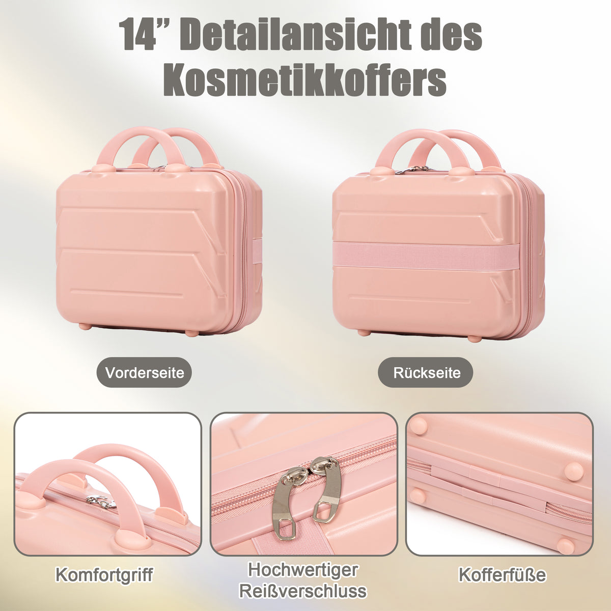 4-teiliges ABS-Spinner-Kofferset 14/19/24/28 Zoll in Rosa – Zahlenschloss, Seitengriffe und Kosmetikkoffer