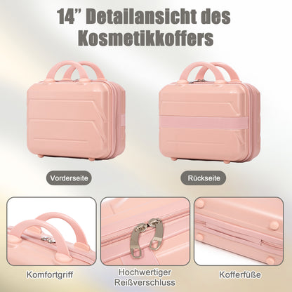 4-teiliges ABS-Spinner-Kofferset 14/19/24/28 Zoll in Rosa – Zahlenschloss, Seitengriffe und Kosmetikkoffer