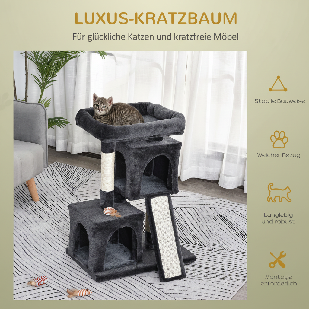 Kratzbaum 83 cm – Katzenkratzbaum mit Sisalsäule & Kratzbrett | 2 Höhlen | Kletterbaum für kleine Katzen | Dunkelgrau