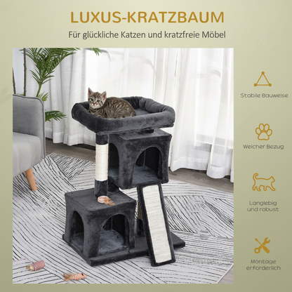 Kratzbaum 83 cm – Katzenkratzbaum mit Sisalsäule & Kratzbrett | 2 Höhlen | Kletterbaum für kleine Katzen | Dunkelgrau