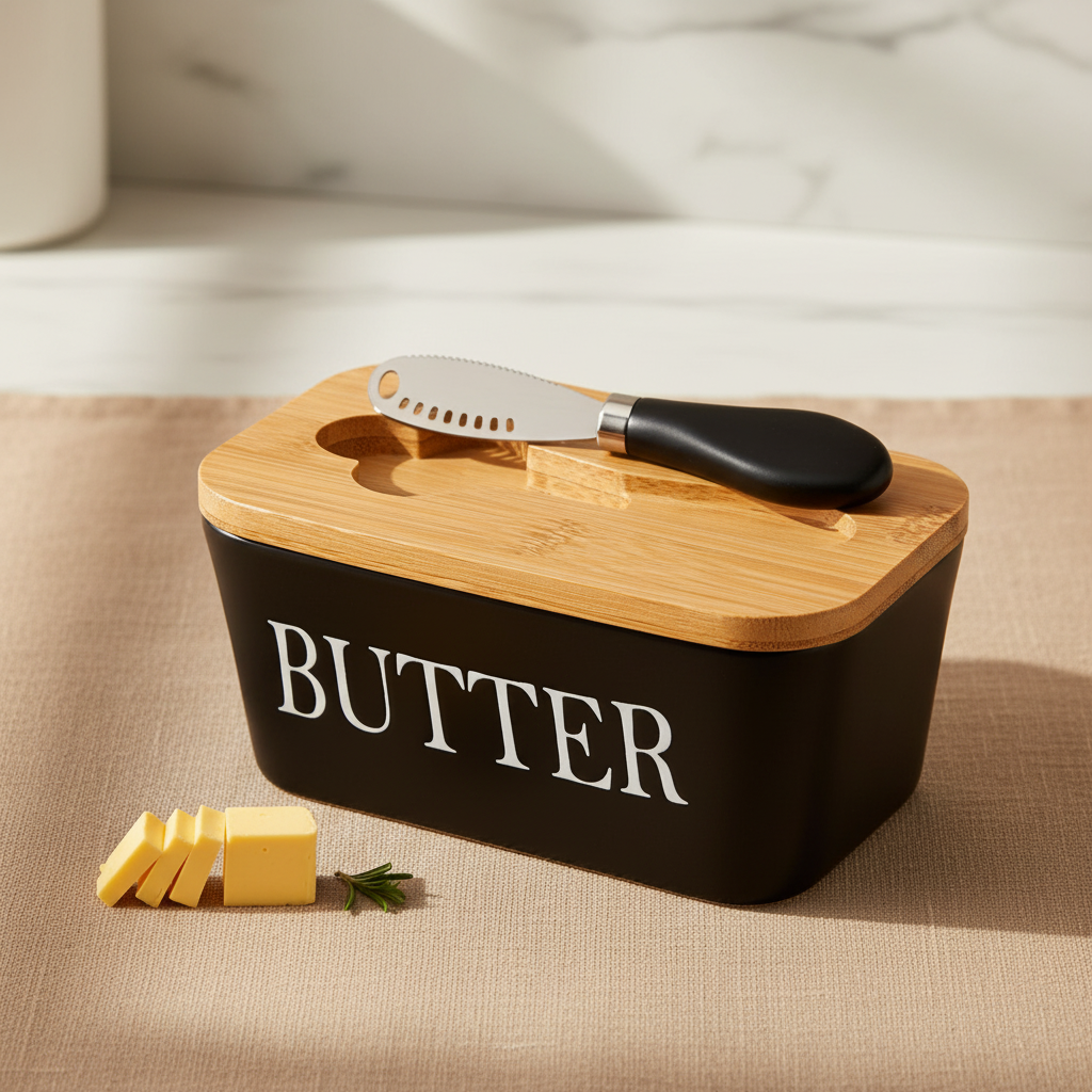 Butterdose mit Holzdeckel | Keramik | inkl. Buttermesser | 250 g | Schwarz