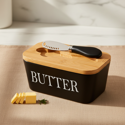 Butterdose mit Holzdeckel | Keramik | inkl. Buttermesser | 250 g | Schwarz