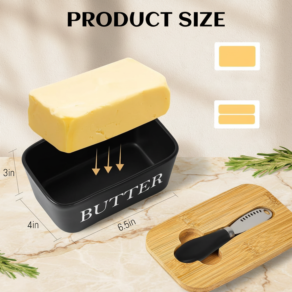 Butterdose mit Holzdeckel | Keramik | inkl. Buttermesser | 250 g | Schwarz