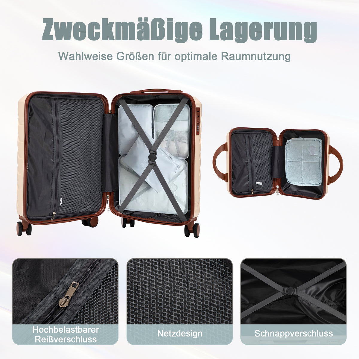 14- und 19-Zoll-ABS-Kofferset mit Zahlenschloss und Kosmetiktasche, Beige