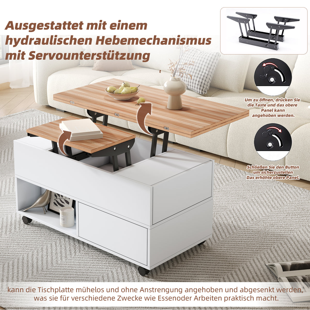 Multifunktionaler Couchtisch 100 × 50 × 52 cm mit 4 Rollen, 4 Schubladen und ausklappbarer Tischplatte in Weiß und Eiche