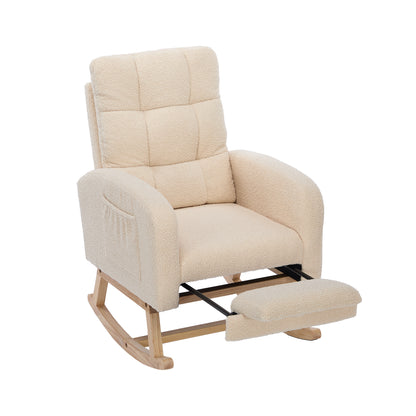 Teddy-Velvet Schaukelstuhl – Beiger Sessel mit Massivholzrahmen, versteckter Fußstütze & hoher Schaumstoffpolsterung, ideal für Wohnzimmer, Schlafzimmer & Kinderzimmer