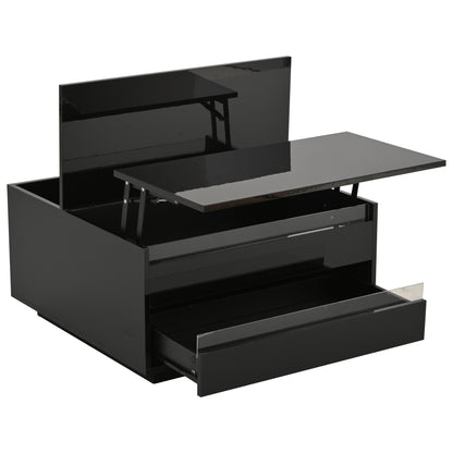 Couchtisch 70 x 70 x 38 cm mit LED-Beleuchtung, Hubfunktion, Schublade und Stauraum, Schwarz
