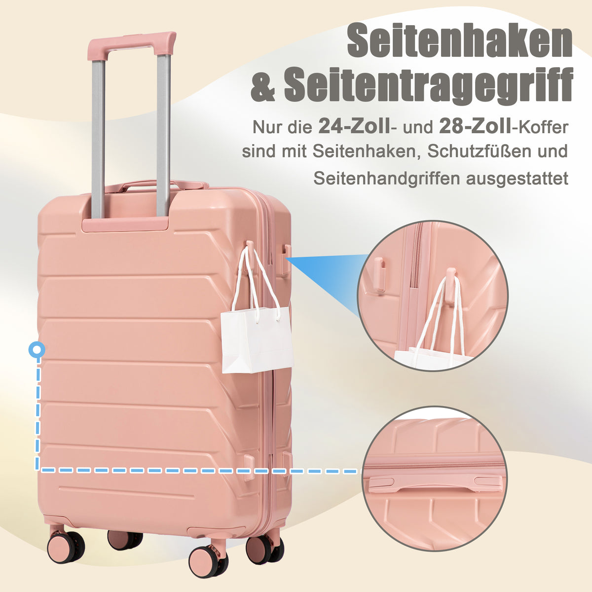 4-teiliges ABS-Spinner-Kofferset 14/19/24/28 Zoll in Rosa – Zahlenschloss, Seitengriffe und Kosmetikkoffer