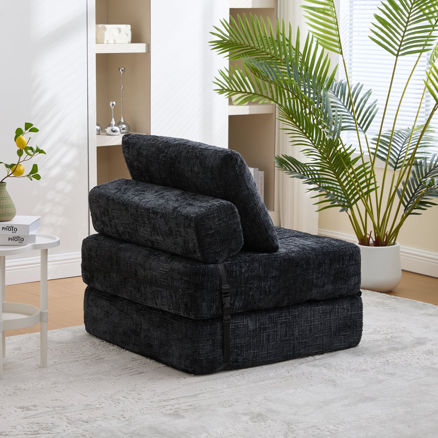 Klappbares Schlafsofa mit Kissen und Rückenlehne, tragbares Bodensofa für Wohnzimmer und Schlafzimmer, Schwarz, Chenille