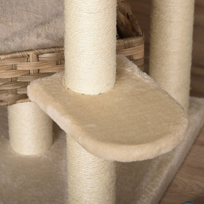 Mehrstufiger Rattan-Kratzbaum mit Katzenhöhle | E1-MDF, Sisal, Plüsch | Beige+Braun | 55 × 55 × 174 cm