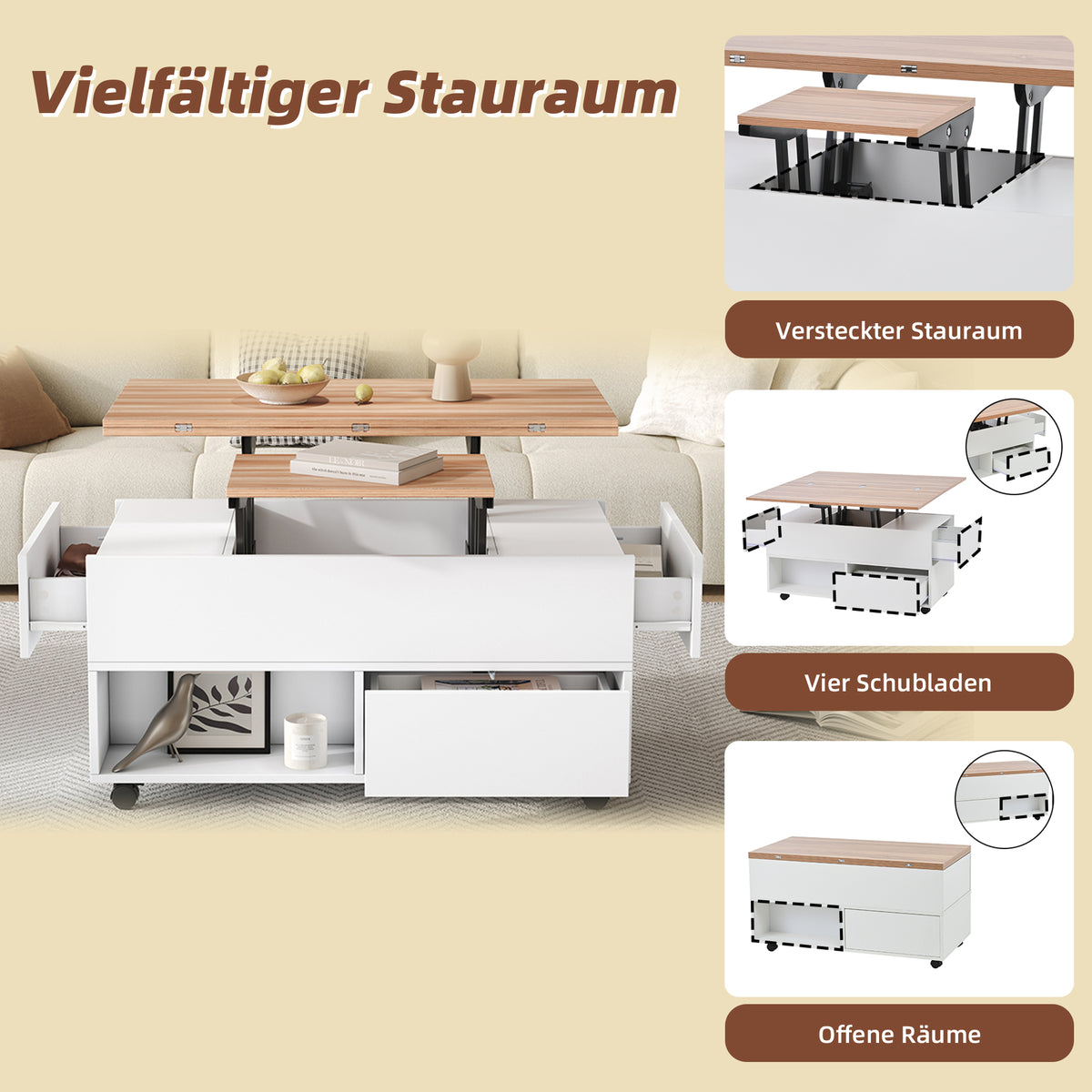 Multifunktionaler Couchtisch 100 × 50 × 52 cm mit 4 Rollen, 4 Schubladen und ausklappbarer Tischplatte in Weiß und Eiche