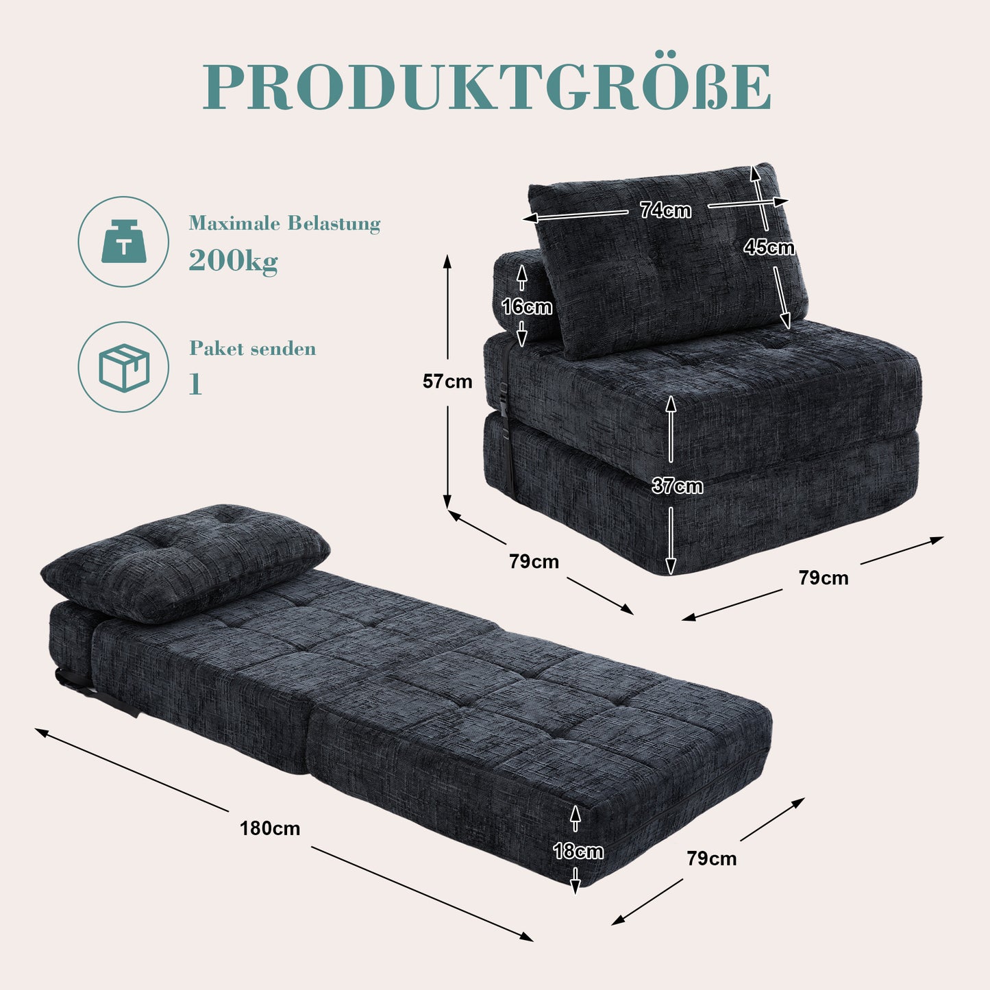 Klappbares Schlafsofa mit Kissen und Rückenlehne, tragbares Bodensofa für Wohnzimmer und Schlafzimmer, Schwarz, Chenille