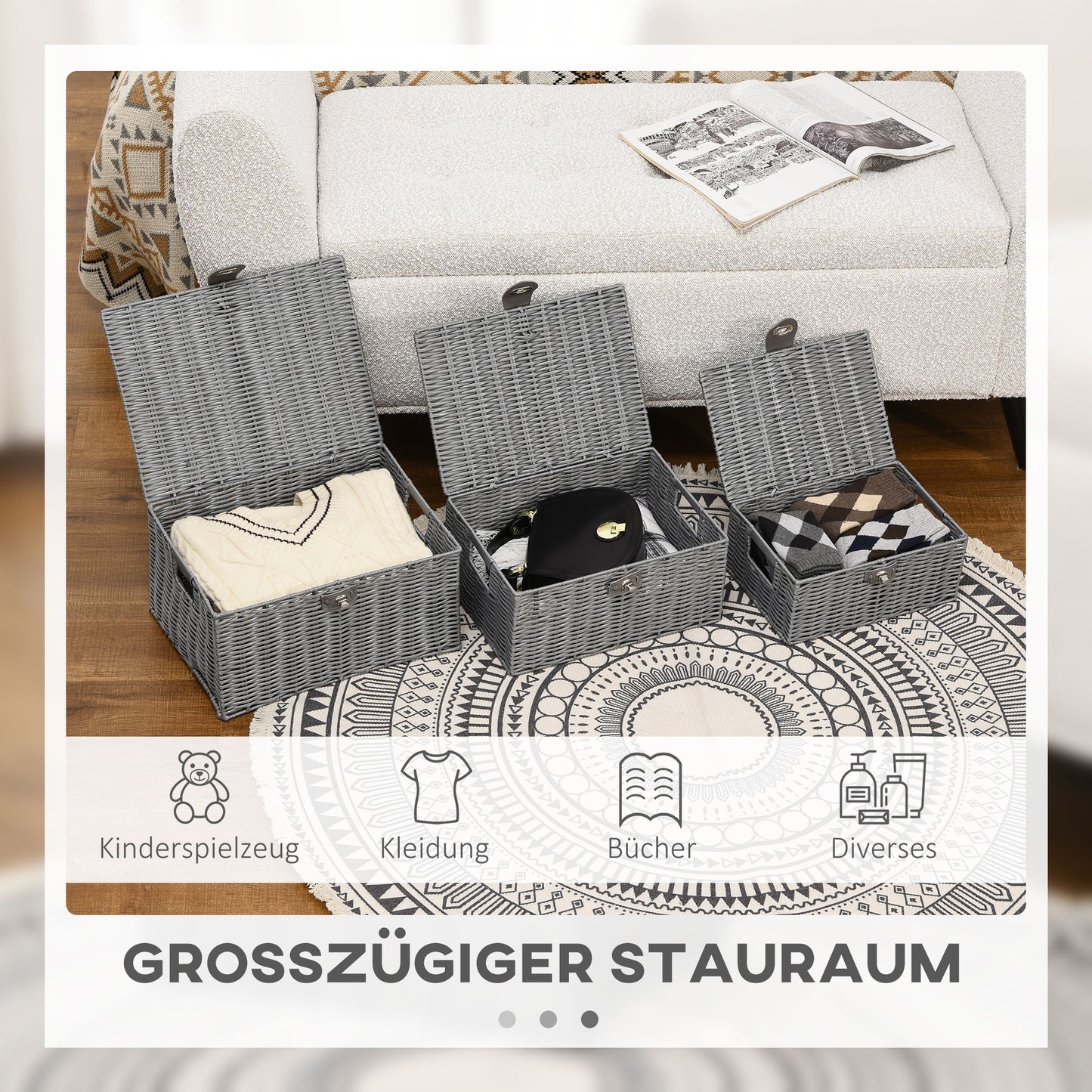 3er-Set Aufbewahrungskörbe Aus PE- Rattan, Mit Verschluss, Tragegriffen, 35,5 Cm X 28,5 Cm X 18 Cm, Grau