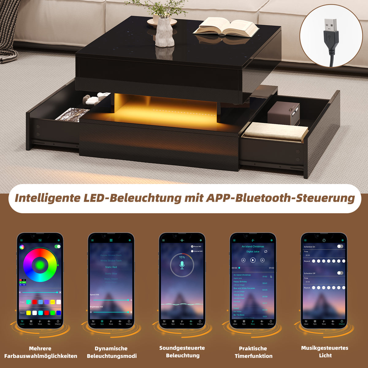 Höhenverstellbarer Couchtisch 65 × 65 × 38,5 cm mit LED, 2 Schubladen und verborgenem Stauraum in Schwarz