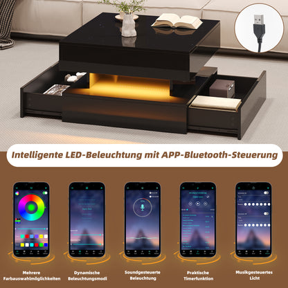 Höhenverstellbarer Couchtisch 65 × 65 × 38,5 cm mit LED, 2 Schubladen und verborgenem Stauraum in Schwarz
