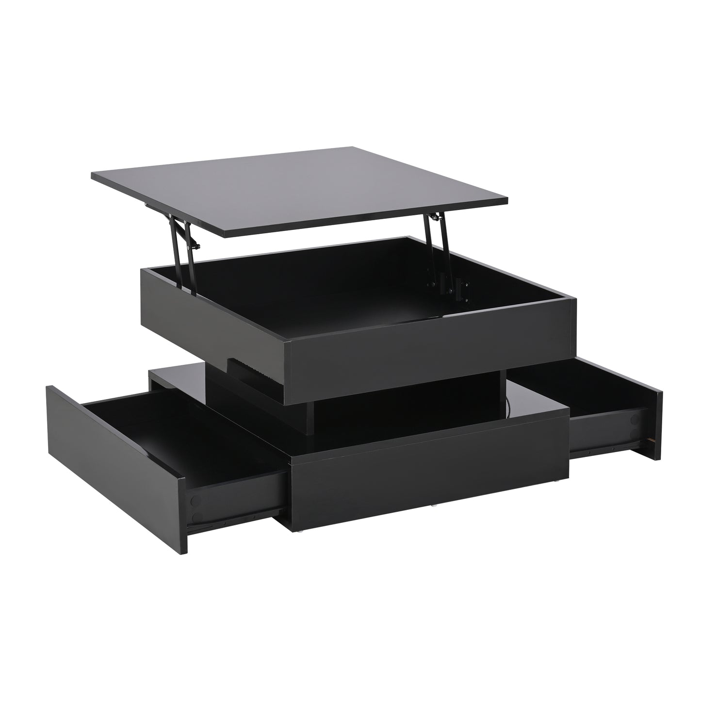 Höhenverstellbarer Couchtisch 65 × 65 × 38,5 cm mit LED, 2 Schubladen und verborgenem Stauraum in Schwarz