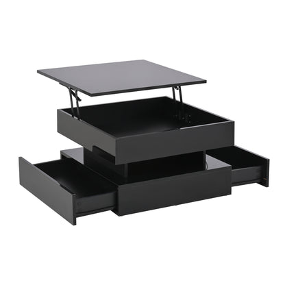 Höhenverstellbarer Couchtisch 65 × 65 × 38,5 cm mit LED, 2 Schubladen und verborgenem Stauraum in Schwarz