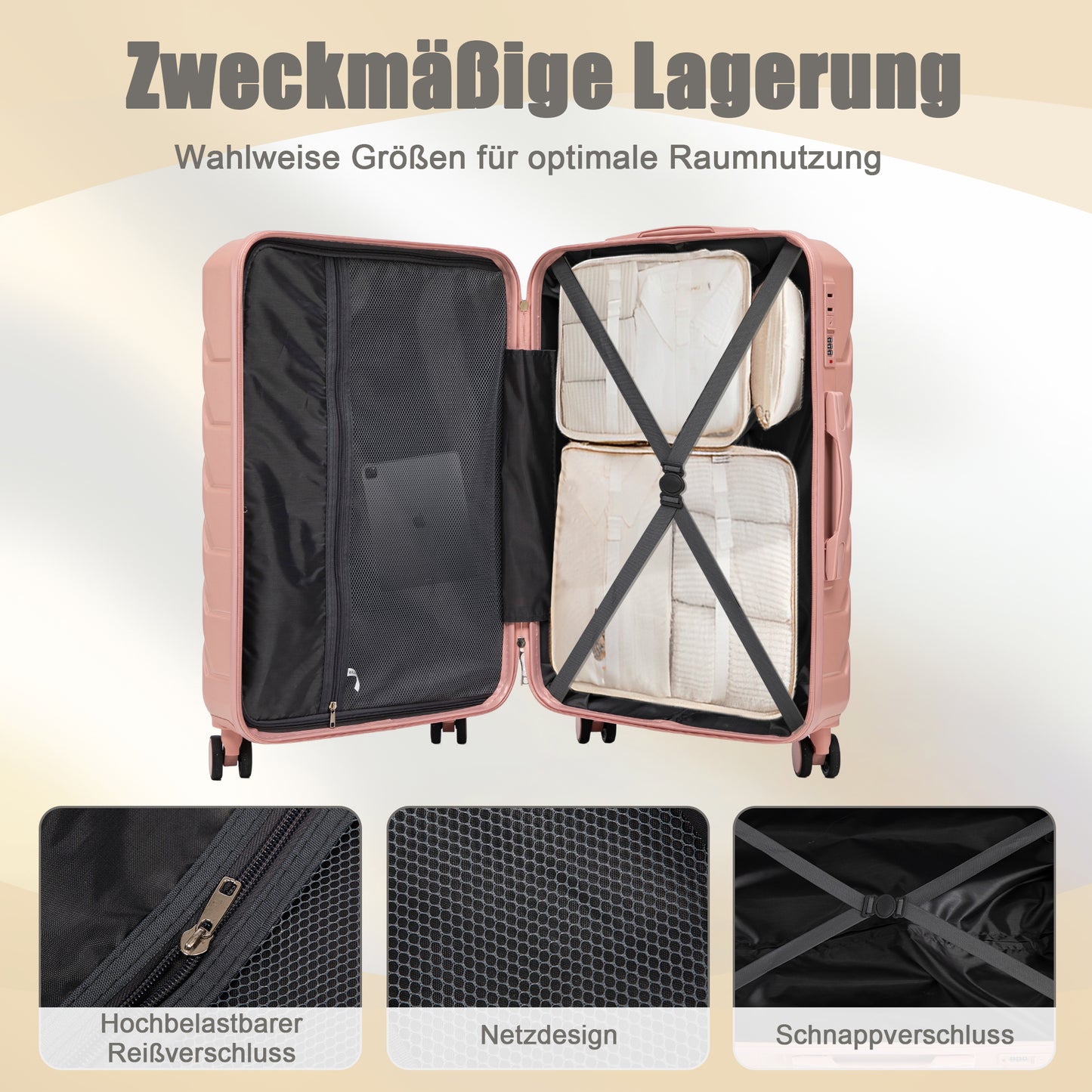 4-teiliges ABS-Spinner-Kofferset 14/19/24/28 Zoll in Rosa – Zahlenschloss, Seitengriffe und Kosmetikkoffer