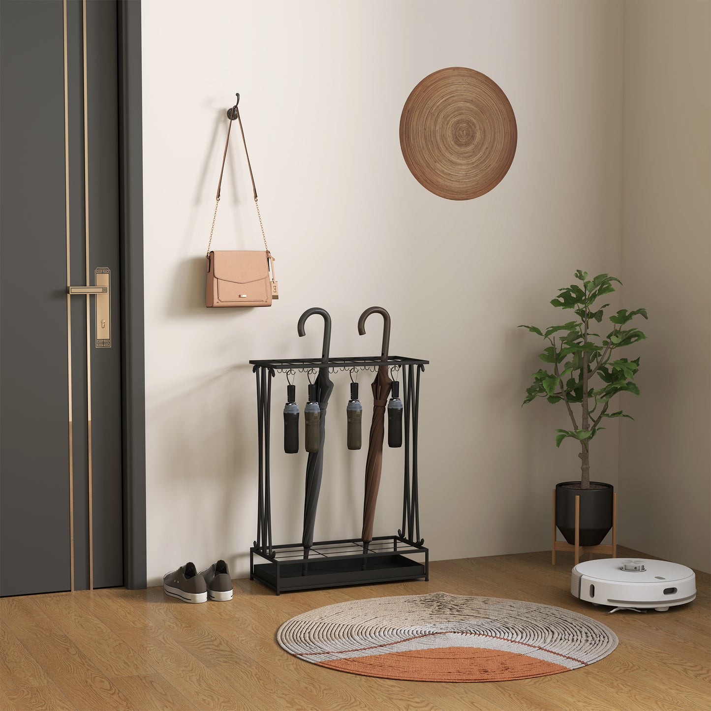 Schirmständer mit Tropfschale – 21 Öffnungen & 24 Haken, Stahl, Schwarz
