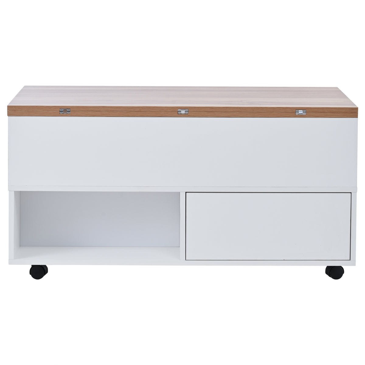 Multifunktionaler Couchtisch 100 × 50 × 52 cm mit 4 Rollen, 4 Schubladen und ausklappbarer Tischplatte in Weiß und Eiche