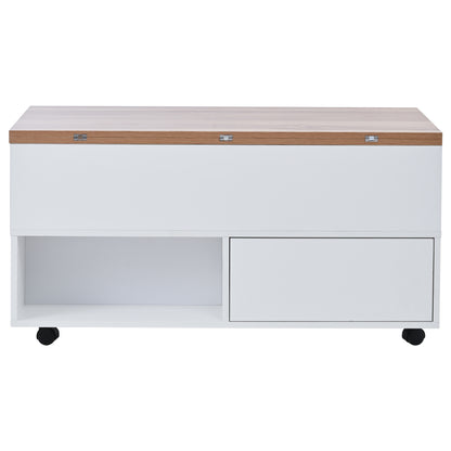 Multifunktionaler Couchtisch 100 × 50 × 52 cm mit 4 Rollen, 4 Schubladen und ausklappbarer Tischplatte in Weiß und Eiche