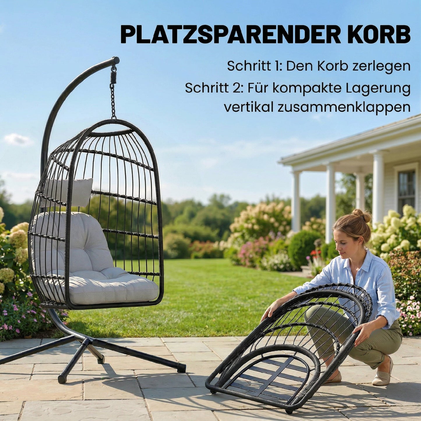 Faltbarer Hängesessel mit Gestell und Polyrattan-Korb