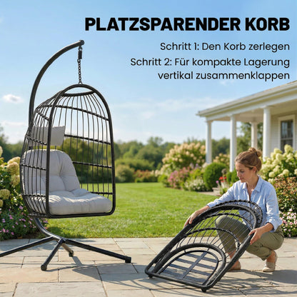 Faltbarer Hängesessel mit Gestell und Polyrattan-Korb